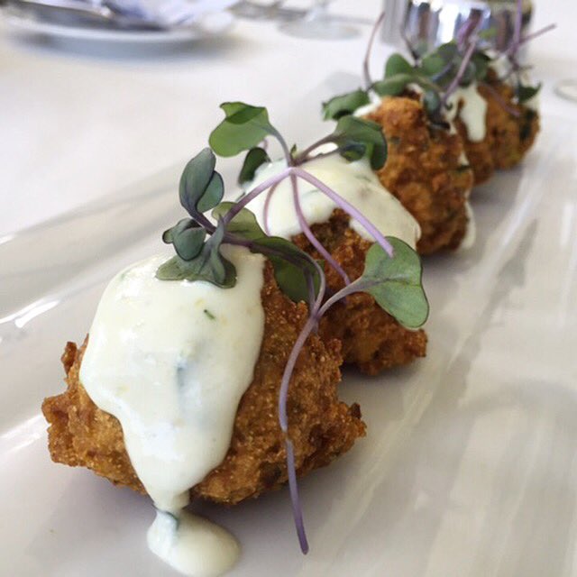 Chef's lunch special is the perfect start to lunch. Summer Squash Fritters | Meyer Lemon Cream #signatureroom