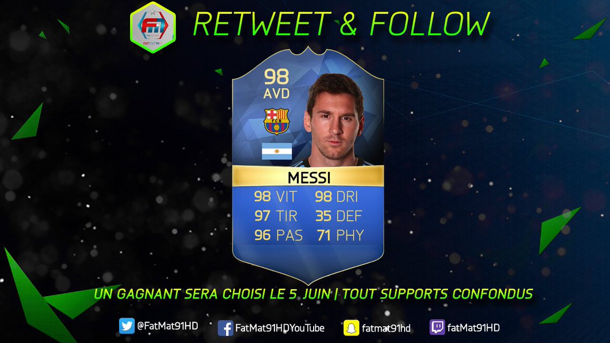 FatMat91HD's tweet image. RT &amp;amp; FOLLOW pour tenter de gagner Léo Messi version TOTS 
Tirage Dimanche 5 Juin 

Merci @EA_FIFA_France