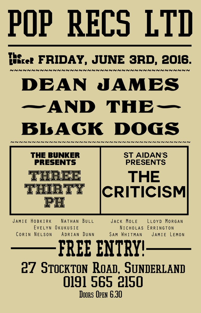 <a href="/poprecsltd/">Pop Recs CIC</a> tonight! 7PM <a href="/DeanJames76/">Dean James</a> and the Black Dogs! Followed by The Bunker and St Aiden's own bands!