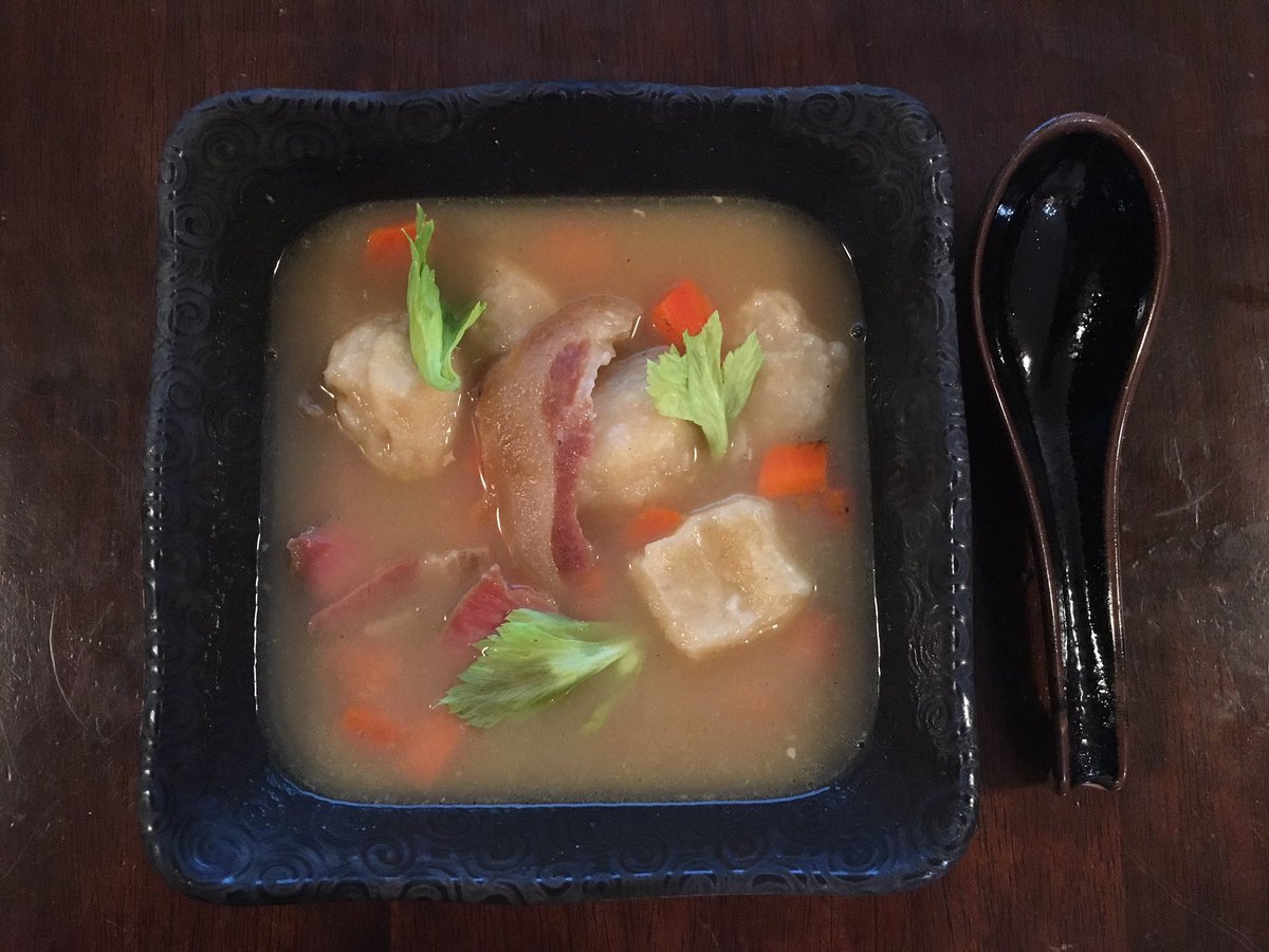 btyeung's tweet photo. Tonkatsu and dumplings with country ham. Recipe for broth from @seriouseats. Inspiration from @hseanbrock!! https://t.co/4ZYcQblVqU
