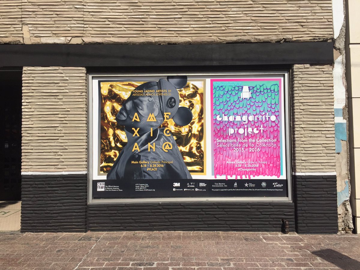 Mexic_Arte's tweet photo. The window wrap for our upcoming exhibitions is up on the corner of 5th and Congress. #YLA21 #Changarrito https://t.co/ENgMFM84Ty