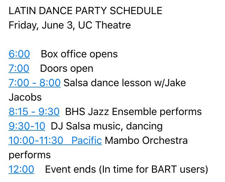 BHSjazz_benefit's tweet photo. Here's the schedule for the #LatinDanceParty in #berkeley tonight at #theUCTheatre! See you there! #dance #mambo https://t.co/aY0ACFmWBg