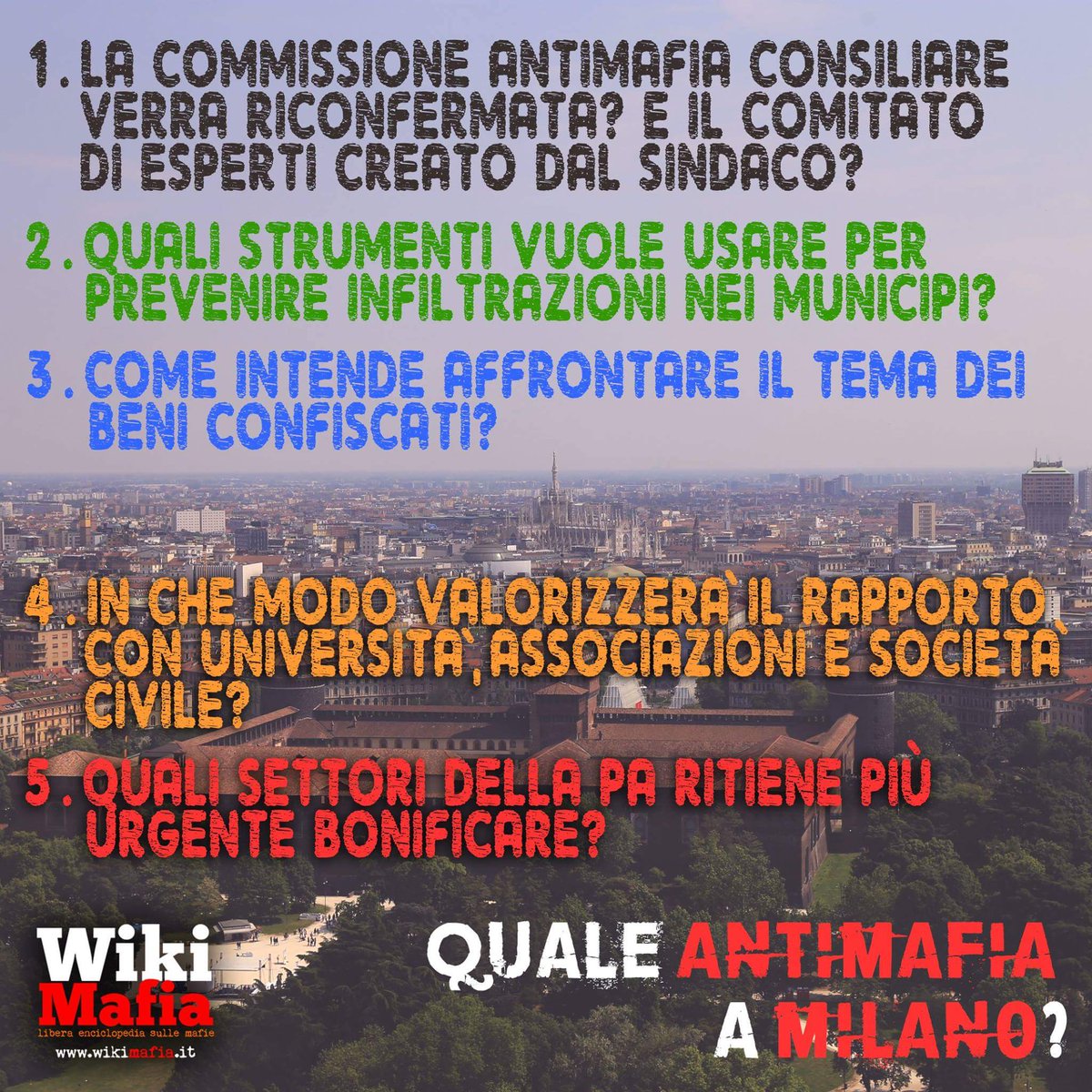 WikiMafia's tweet photo. A #Milano risposte solo da Basilio Rizzo. Silenzio per tutti gli altri candidati. #mafia #Antimafia #comunaliMI https://t.co/wmXGgK16o6