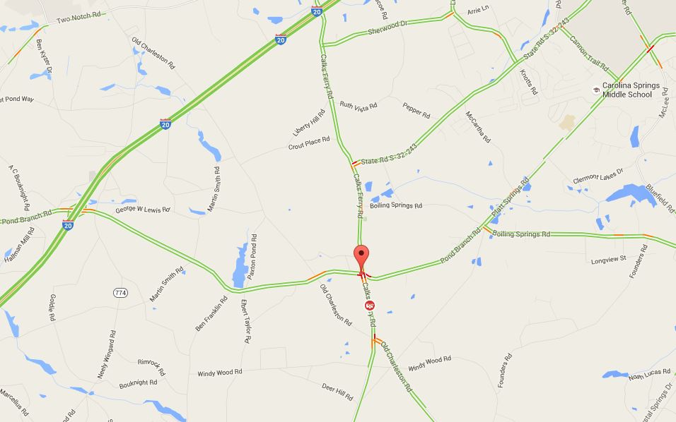 Accident at Calks Ferry and Pond Branch Road in Lexington. Car split in