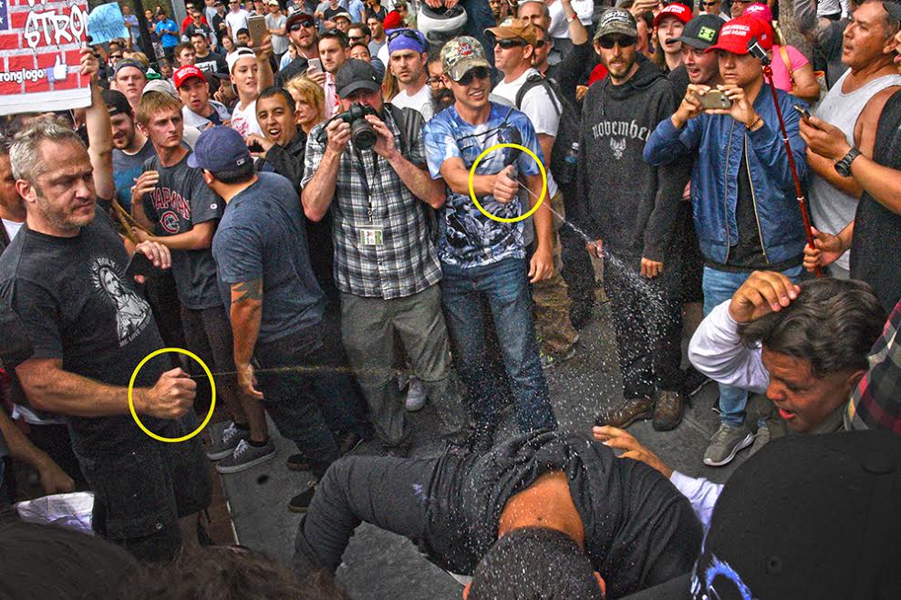 Gawker's tweet image. Photographs show Trump supporters pepper spraying protestors in the face gaw.kr/Fivgpxt