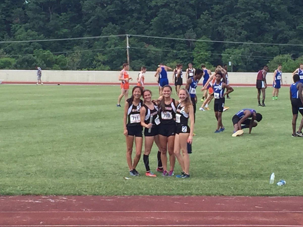 okeefe_math's tweet photo. The girls 4x800 battled through the storm delay and earned a new school record - congrats ladies!! @GMtrackandfield https://t.co/FRnQTRJ1Uv