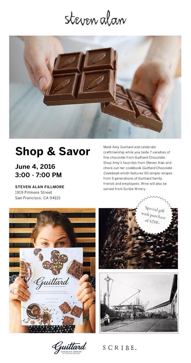 AmyGuittard's tweet photo. Come hang! I'll b nibbling on chocolate, sipping @scribewinery and trying not to buy the entire @Steven_Alan store. https://t.co/pLbkYJlmxL