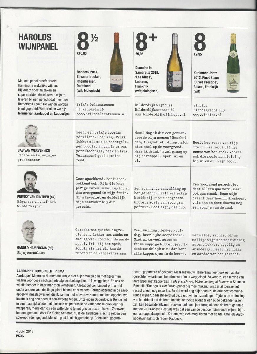 Vandaag winnaar in Parool met @HaroldHamersma en proefteam. Raddeck Silvaner: zacht, smeuïg wit met rijp fruit.