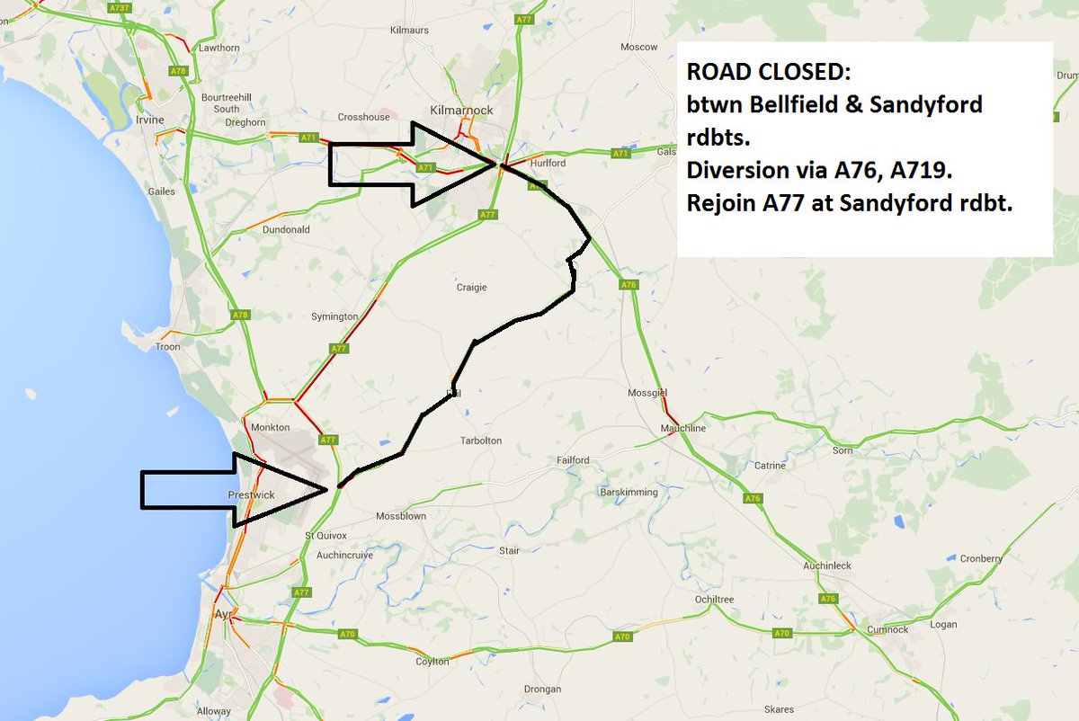 trafficscotland's tweet photo. 🚧 #A77 is CLOSED S/B from Bellfield to Sandyford rdbts due to the ongoing rdwrks.
Div. via #A76 & #A719
#AvoidArea https://t.co/brAqvK48PR