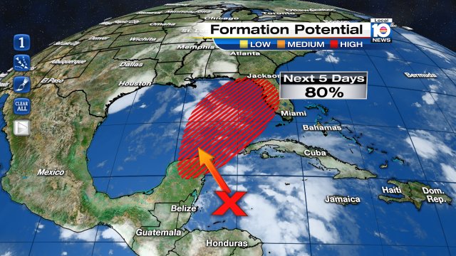 Tropical Formation potential for the Low in the Caribbean is now 80% in the next 5 days as it moves towards the Gulf https://t.co/ZWAnzCCOI7