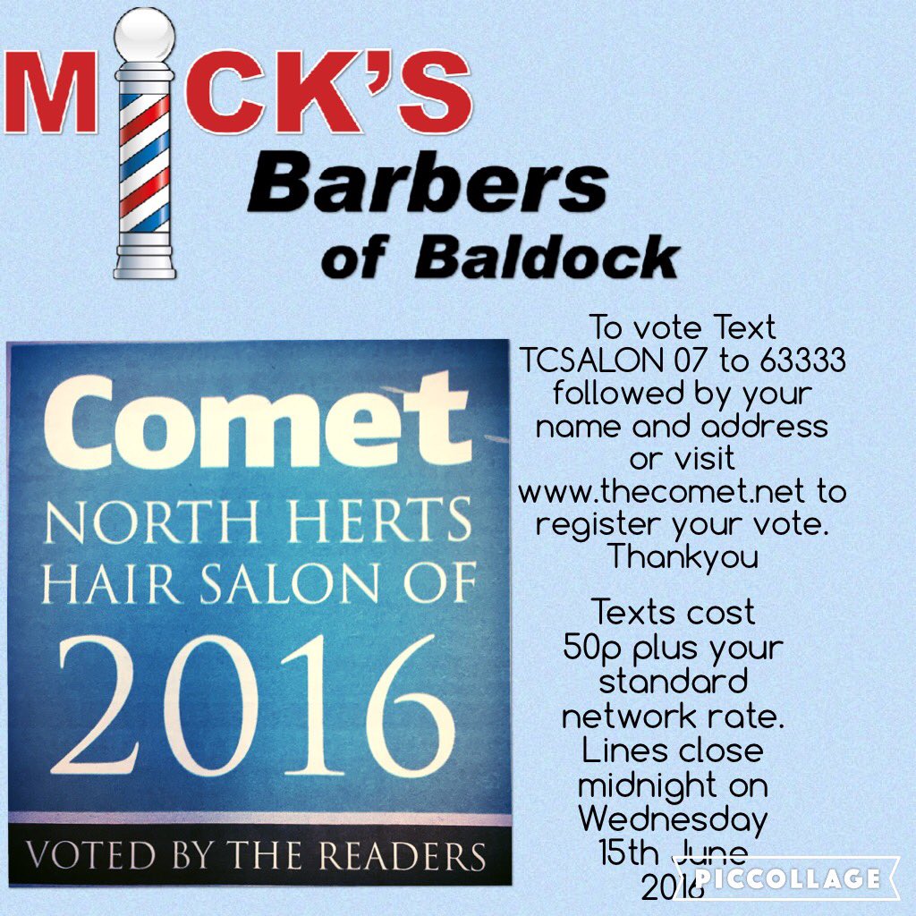 baldockbarbers's tweet photo. Please Vote for @baldockbarbers to win the @thecomet24 hairsalon of the year 2016! https://t.co/pQ0DodZ24v