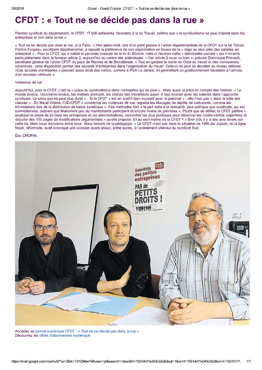 "Tout ne se décide pas dans la rue"
La CFDT s'engage à nouveau en affirmant ses positions en Ille et Vilaine!