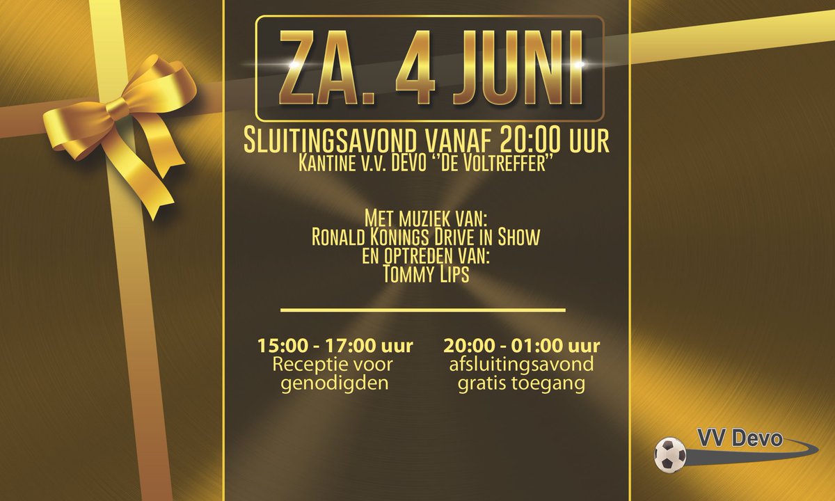 Vandaag onze kampioenschap receptie van Devo 1 aanvang 15:00uur en vanaf 20:00uur feestavond met optreden Tommy Lips