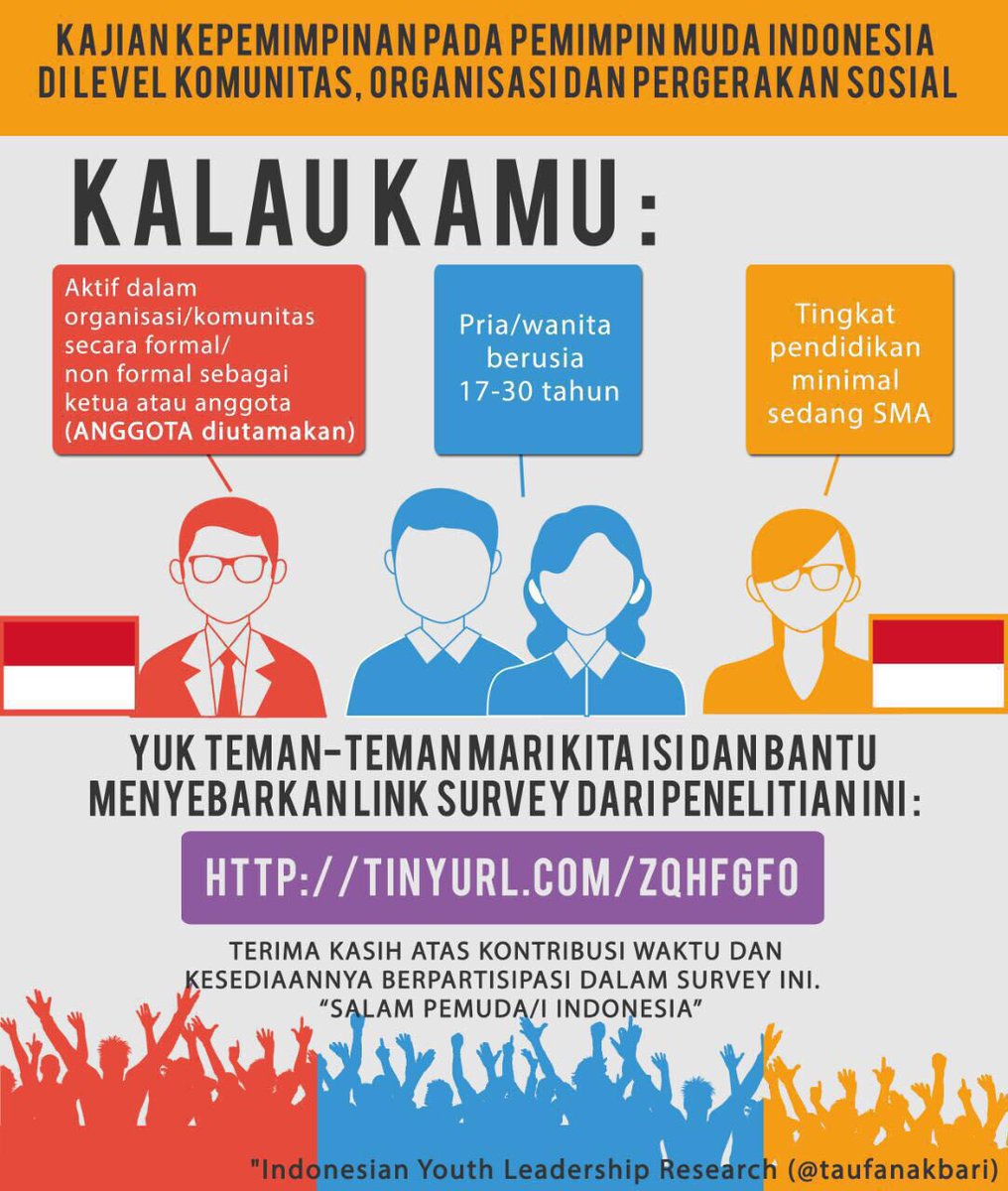 Yg merasa pemimpin muda komunitas &amp; organisasi WAJIB ikut survey ini : tinyurl.com/zqhfgfo 😊