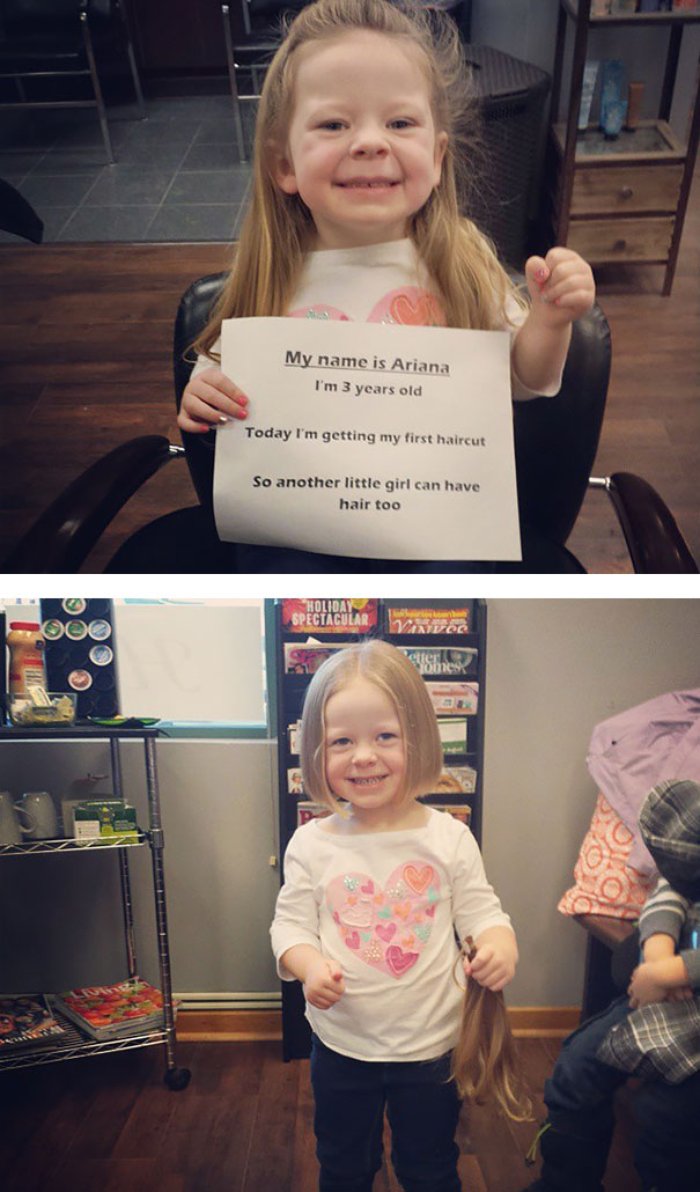 Kanser tedavisi gördüğü için saçı dökülen bir kızı görünce kendi saçlarını kestirip ona gönderen 3 yaşındaki kız