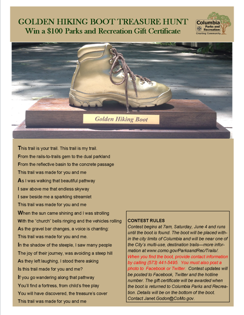 CoMoParksandRec's tweet photo. Here's the Golden Hiking Boot riddle. Find the boot and win a @CPRD $100 gift cert. Good luck! #FindTheBoot https://t.co/vWkNAGIqCC