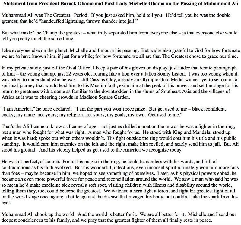 President Obama: #MuhammadAli "was The Greatest. Period." https://t.co/rGLp7Ojnsl
