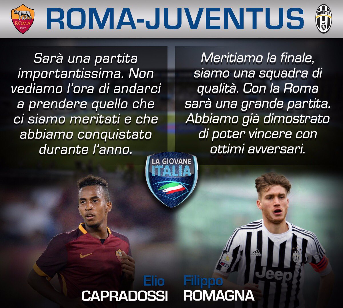 LGIcalcio's tweet image. I due capitani accendono la sfida...
Elio Capradossi e Filippo Romagna verso la finale Primavera
#RomaJuventus