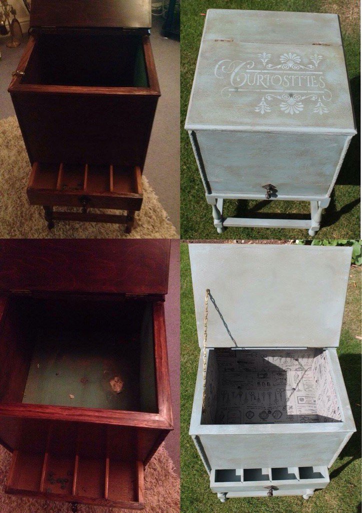 ClewsAmberclews's tweet photo. Curiosity /sewing box project before and after- complete with upholstery lining and stencil imagery. https://t.co/ibiMw6yfd6