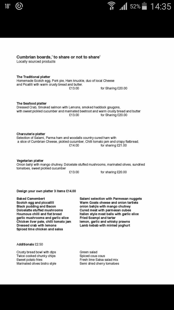 Evening menu from the 10th June.