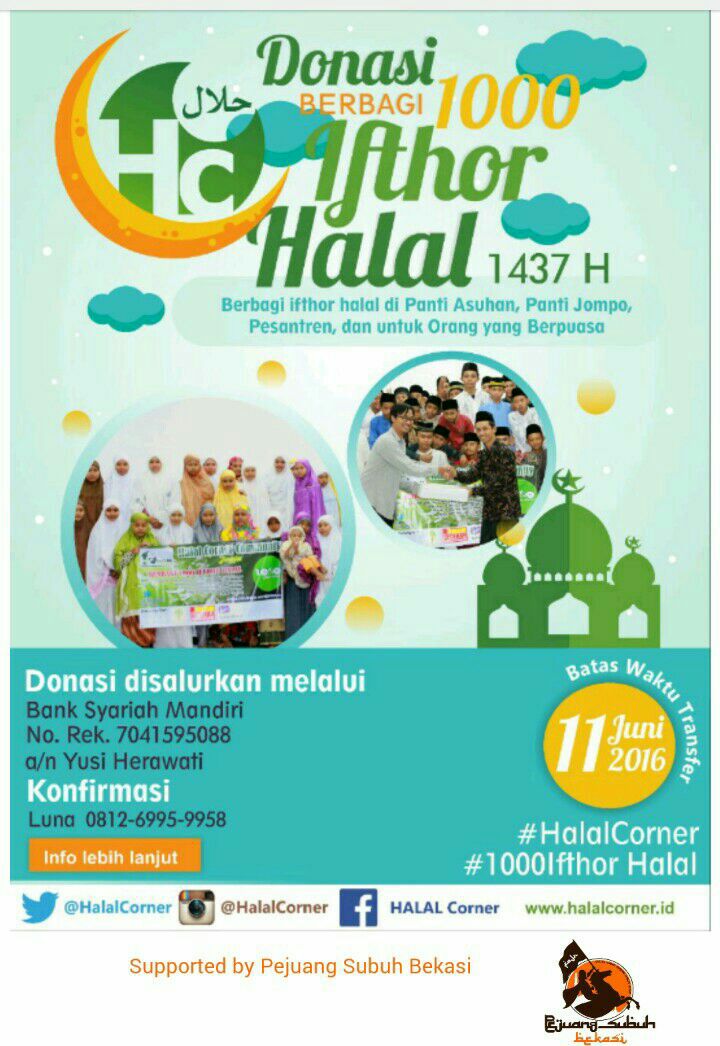 Untuk detail dan konfirmasi transfer, bisa liat flyer nya yaa | <a href="/halalcorner/">Halal Corner Indonesia Foundation</a> <a href="/HCbekasi/">Halal Corner Bekasi</a> #1000IftarHalal