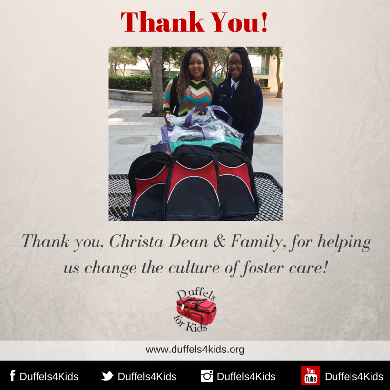 Duffels4Kids's tweet photo. Thank you @ChristaDDean &amp; daughters 4 donating 2 Duffels4Kids! Backpacks are always needed! https://t.co/yggv0LcogB https://t.co/xbvVIgQuva