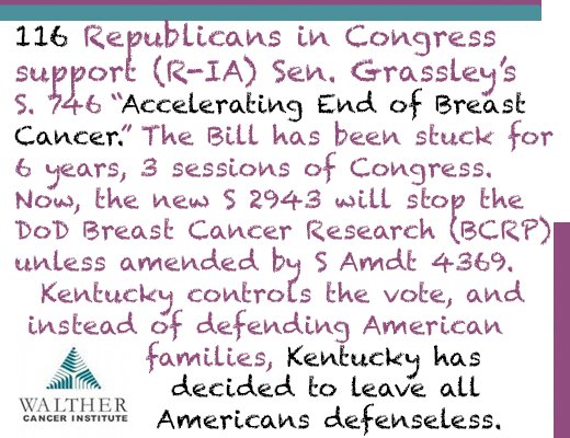 WaltherCancerIn's tweet image. HR 6 Cures Act &amp;amp; @ChuckGrassley S746 "End Breast Cancer" &amp;amp; DoD Breast Cancer Research are halted by @SenateMajLdr :(