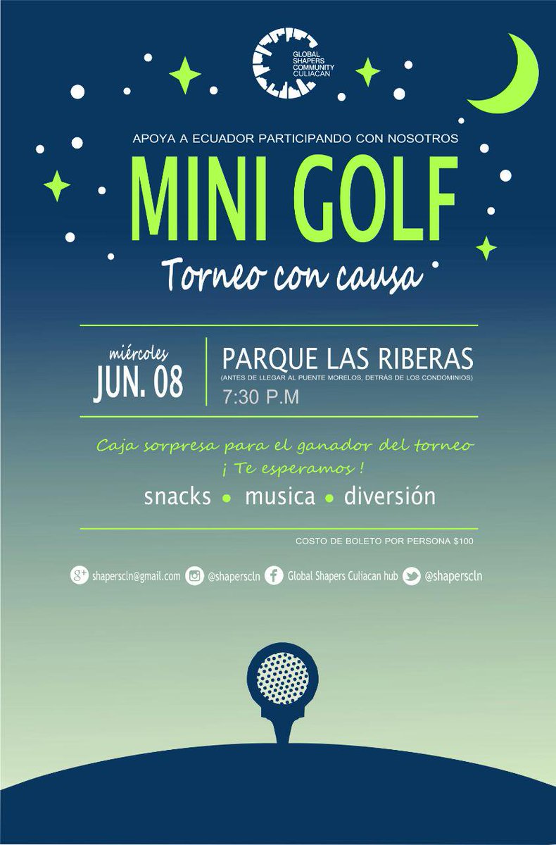 ShapersCln's tweet photo. El miércoles 8 de junio será el 1er Torneo de MiniGolf en Culiacán en las Riberas! Apoya a Ecuador!! #keepshaping https://t.co/Bky8wLsL9x