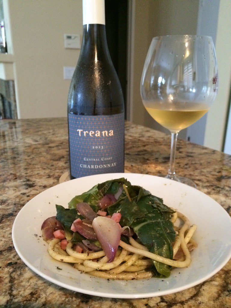 _chucklane's tweet photo. @epicurious Buccatini w/ fava bean pesto, chard &amp; red torpedo onions sautéed w/ prosciutto matches @hopefamilywines https://t.co/DD6cxfebJt