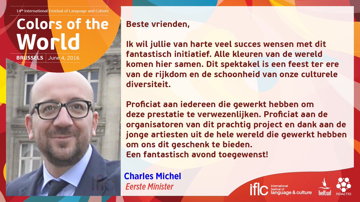 IFLCBrussels's tweet photo. Eerste Minister @CharlesMichel kon er vandaag niet bijzijn, maar wenst veel succes toe aan het #IFLC2016 https://t.co/suGBw1Q67l