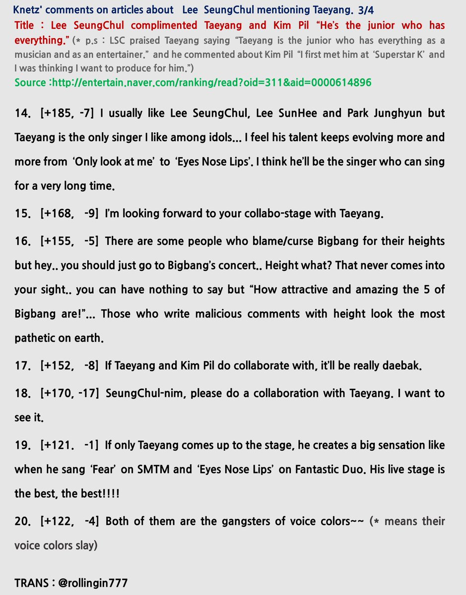rollingin777's tweet photo. TRANS) Knetz' comments on the article about #Lee_SeungChul mentioning #Taeyang ✨👍😍👏🙌#Bigbang
https://t.co/PWtdYIB6vl https://t.co/0tEEx2d22K