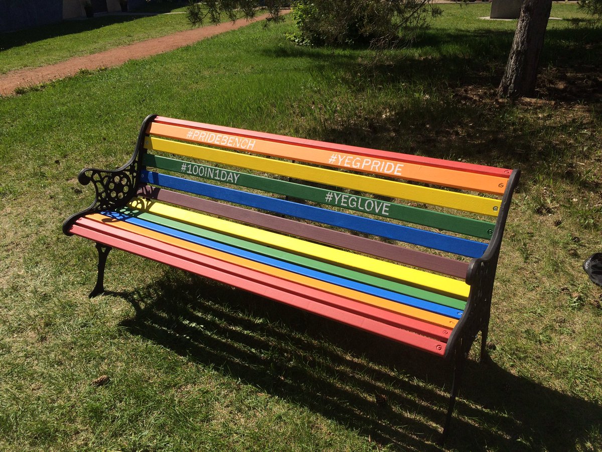 ideadave's tweet photo. Hey would love you to come snap a pic with #pridebench at #yegpride @marnipanas @KristopherWells @R_Boissonnault https://t.co/JKzlTTLZyZ