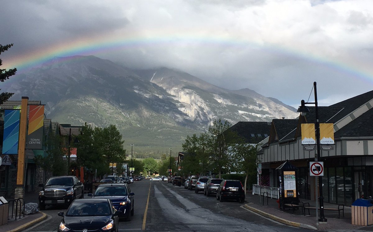 got this rare picture last wednesdsay night around 630pm looking east downtown Canmore.  Perfect rainbow over LadyMa