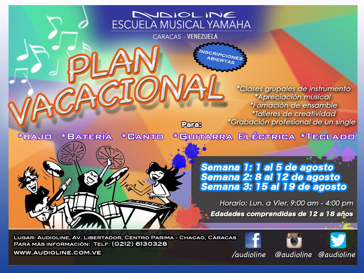 audioline's tweet photo. Se parte de nuestro Plan Vacacional 2016! ..La pasaremos genial!

#planvacacional #canto #teclado #bateria #guitarra https://t.co/xMq5guc6oD