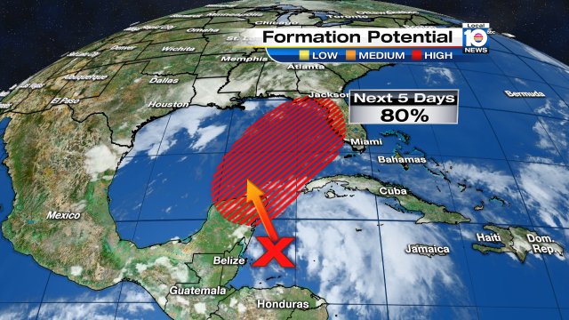 National Hurricane Center has upped chance of area of low pressure in Caribbean developing to 80% @TrentAricTV https://t.co/sWpdvOQ43n