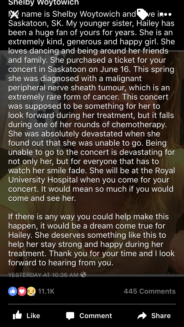 neverbeaIone's tweet photo. hey everyone please take a moment to read & share this. She's a sweet heart from my city, who's always loved Justin! https://t.co/PhEVCOFtF9