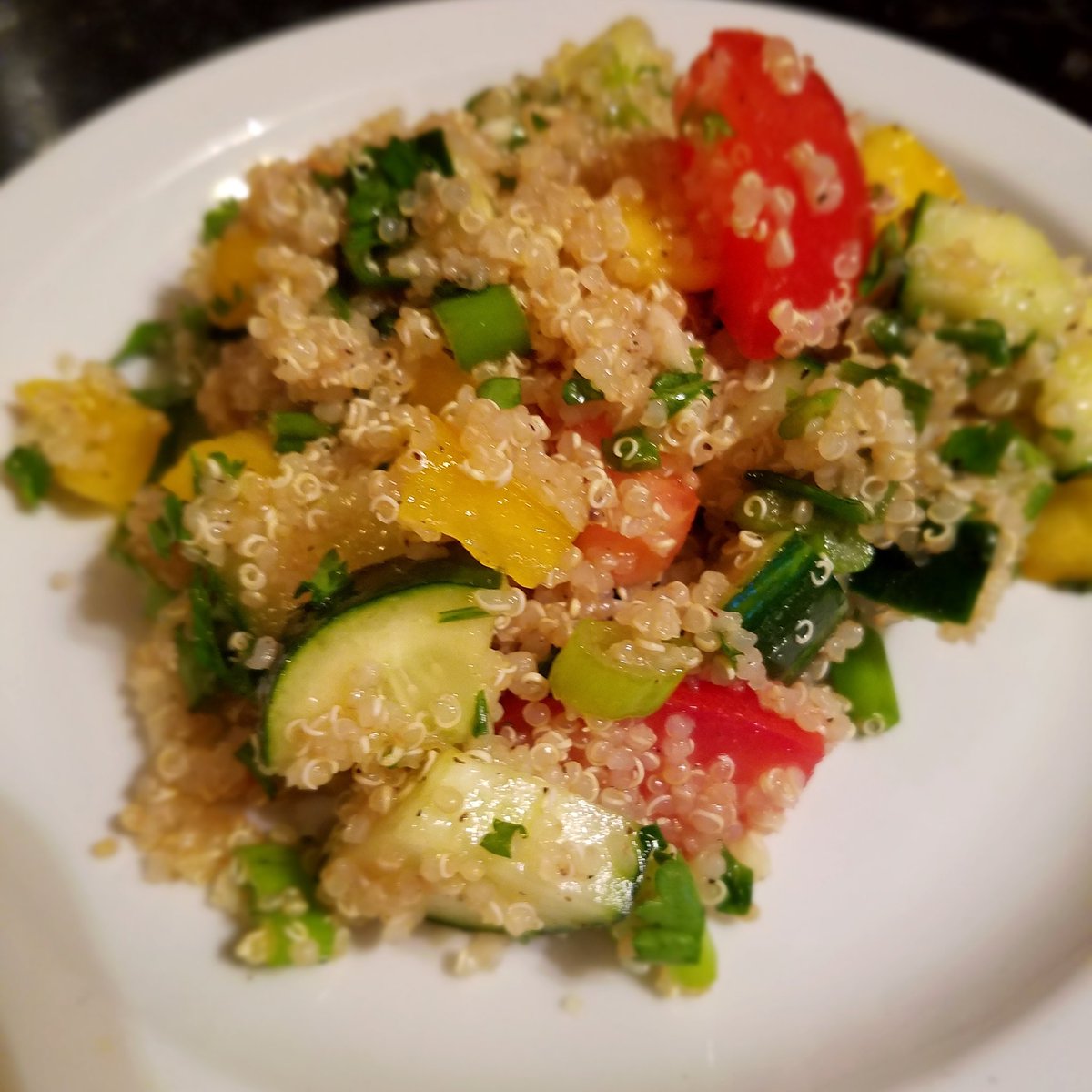 kelspalate's tweet photo. Quinoa Salad #tomatoes #cucumber #yellowpeppers #parsley #garlic #scallions #kelspalet https://t.co/8y2Wh1UQc4