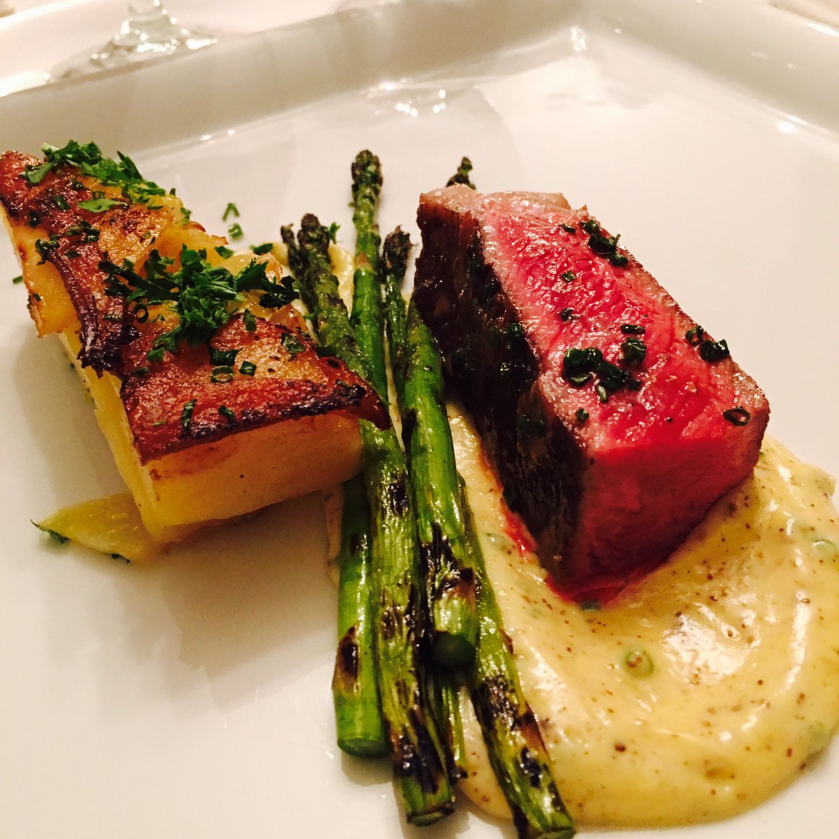 5th course <a href="/ShawsHotel/">Shaw's Hotel</a> soft open: meat n' potatoes! Lookit pavé potatoes!! Yummmm! #PEI