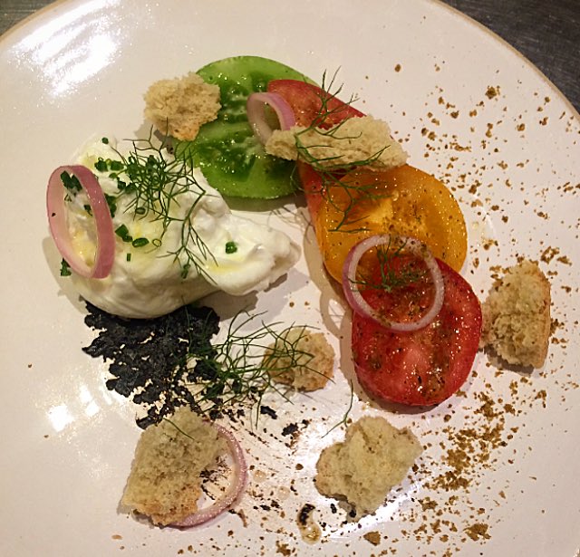 Burrata, heritage tomatoes, dried olive bread, pickled shallots, black garlic paste