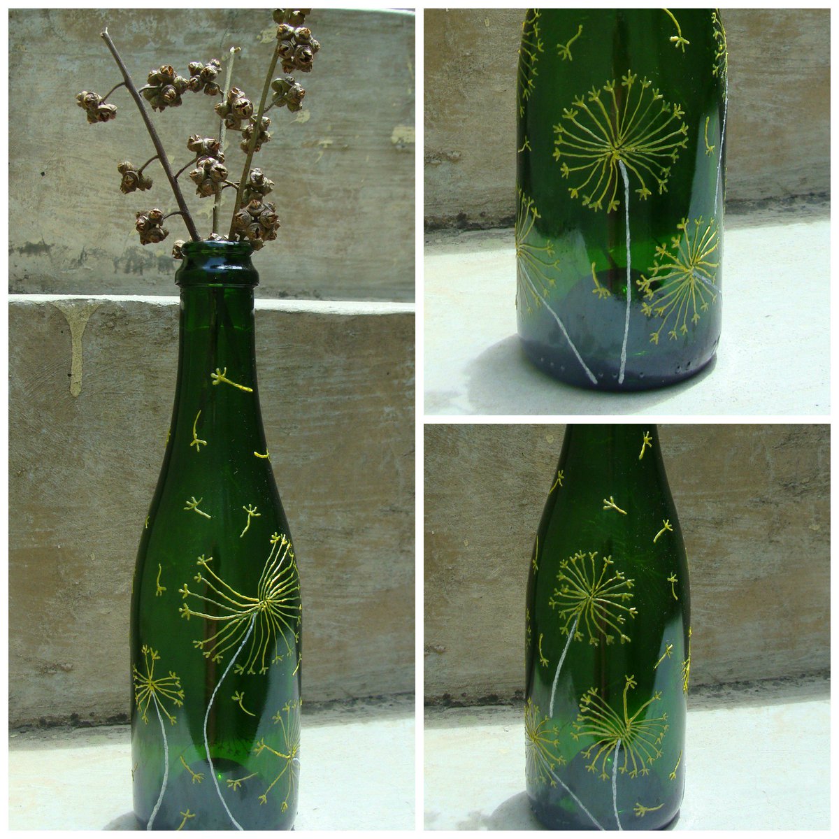 CreativeRumbles's tweet photo. Dandelions growing on a bottle, wisps flying away #BottleArt https://t.co/WDrWI3IgKh