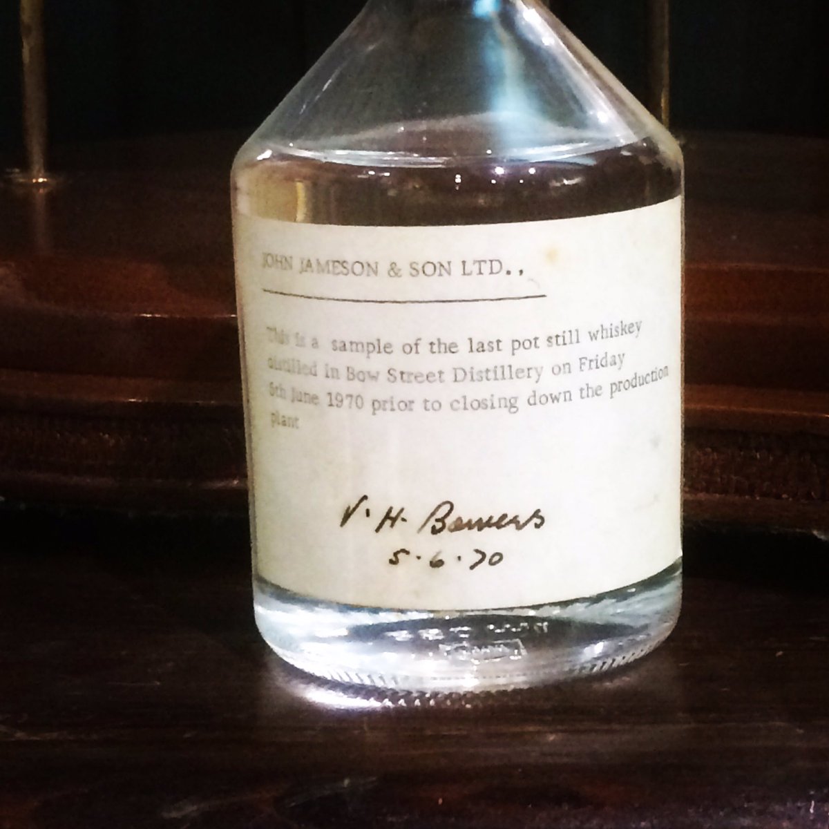 WhiskeyGer's tweet image. A sample of the last Pot Still Spirit distilled in Bow Street Distillery on the 5/6/1970.