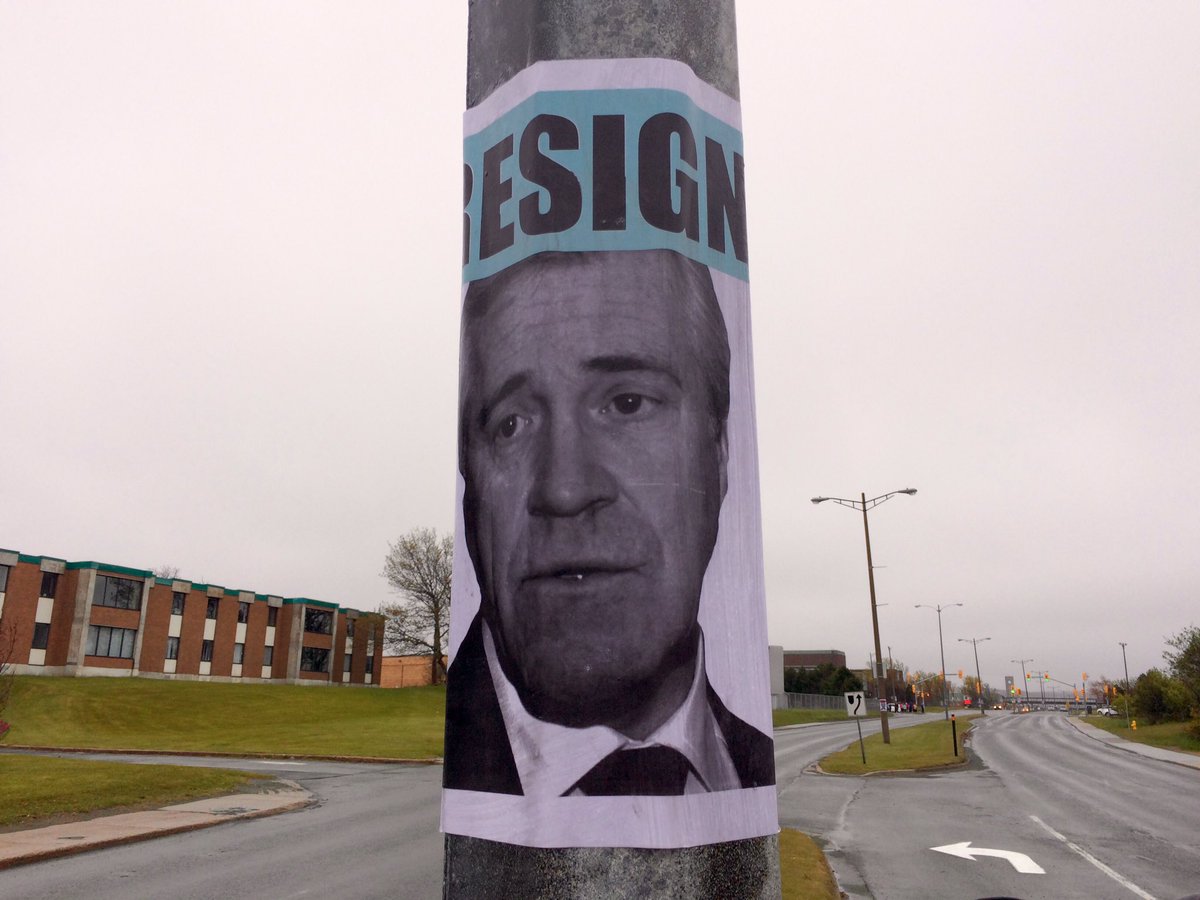 Jeremy_Eaton's tweet photo. Someone has posted these posters all along the parkway calling for @PremierOfNL to resign #cbcnl #nlpoli https://t.co/38C4VBerxO