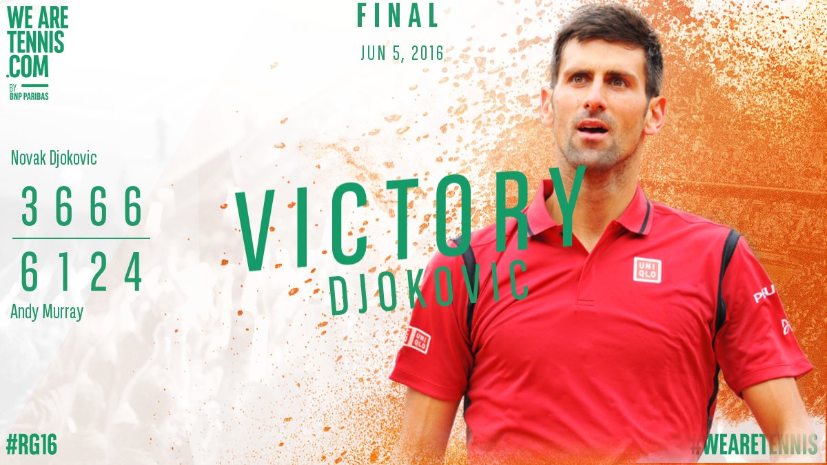 🏆 Novak Djokovic 🏆 wins his very 1st French Open defeating Andy Murray 3-6 6-1 6-2 6-4! CONGRATS NOLE! #RG16