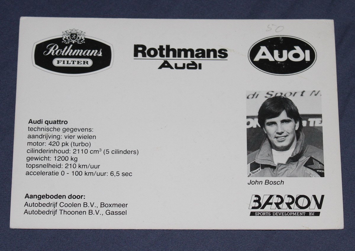 SaariJarno's tweet photo. @JariMattiWRC Cool colours! Here is my old fan card of #RothmansAudi driver #JohnBosch https://t.co/zH5i77g2gc