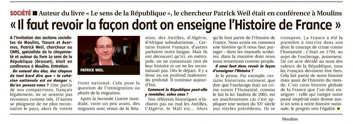 Le 20/05 à #Moulins #Allier <a href="/PatrickWeil1/">Patrick  Weil</a> a animé un débat sur #Republique, <a href="/MontagneMoulins/">La Montagne Moulins</a> a publié un article: