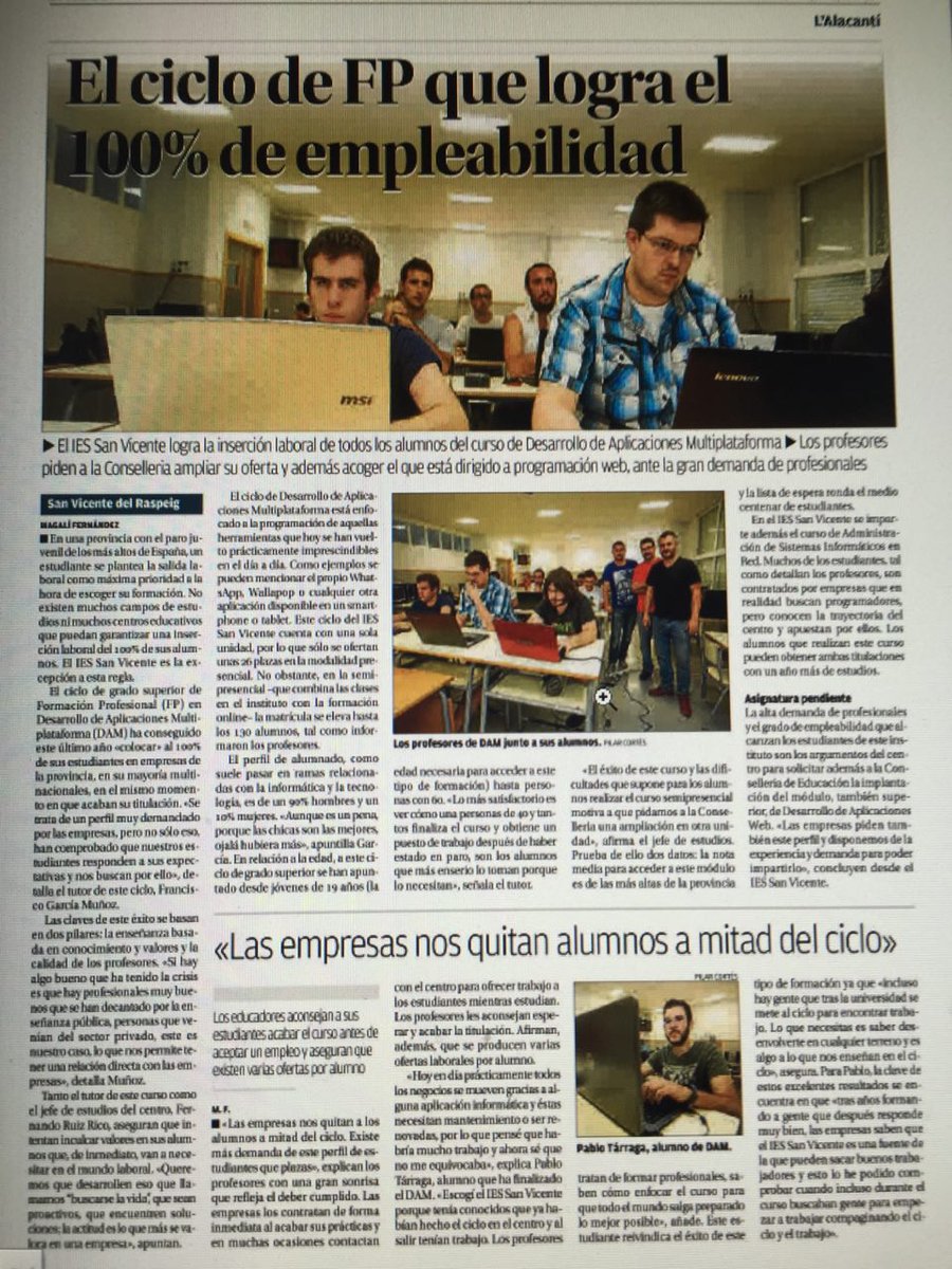 NachoCabanes's tweet photo. Apenas está empezando junio y todos nuestros alumnos de segundo curso de DAM ya están contratados! @IESSanVicente https://t.co/RKHmfxObU8