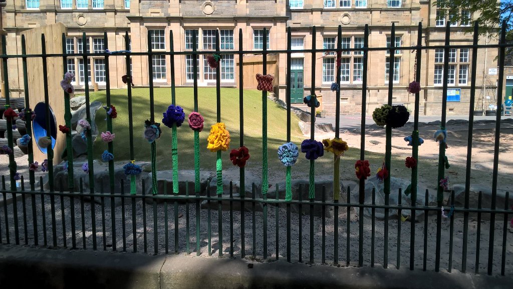 LibertonHSA's tweet photo. Yarn bombing at Siennes primary school https://t.co/nT7px87qZT