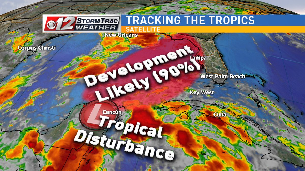 CBS12's tweet image. Sun 8AM: @NHC_Atlantic gives #Invest93 90% chance of forming in Gulf. Story on cbs12.com @CBS12