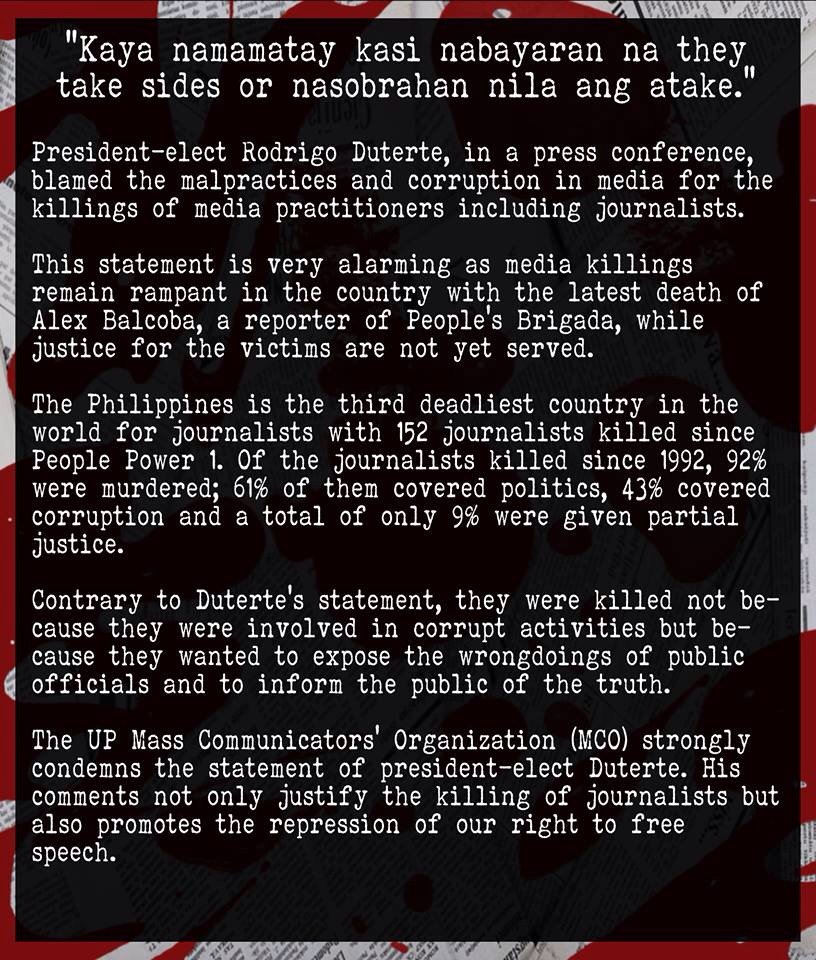 UP_MCO's tweet photo. Official Statement of UP MCO on President Duterte's remarks on Media Killings https://t.co/Y5E0OdJcdk