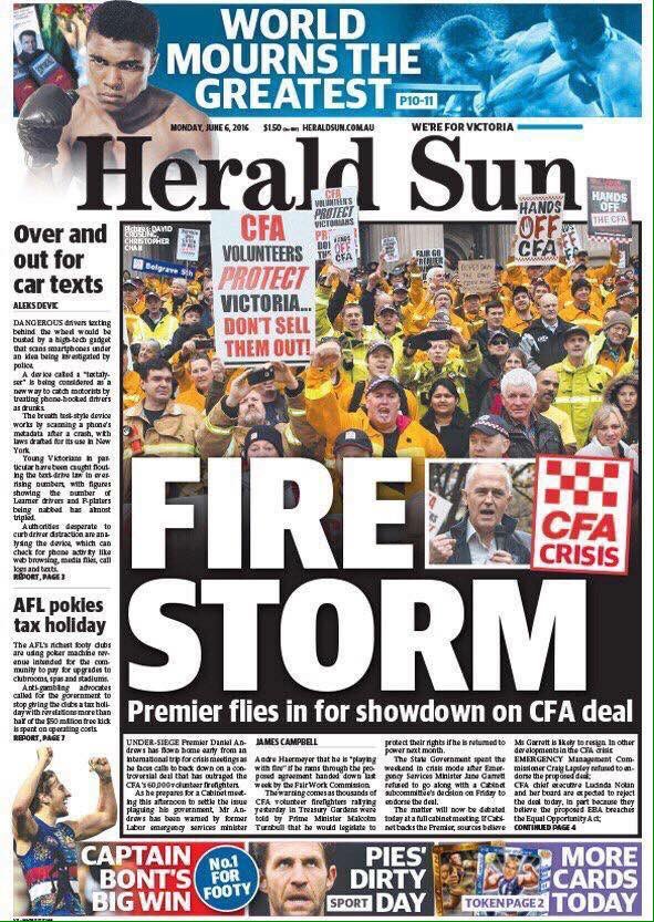 Fluffycat61's tweet photo. Monday Herald.
Back down @DanielAndrewsMP.Let volunteers do their job WITHOUT the union #HandsOffTheCFA #SaveTheCFA https://t.co/ApxMhLU2Nf